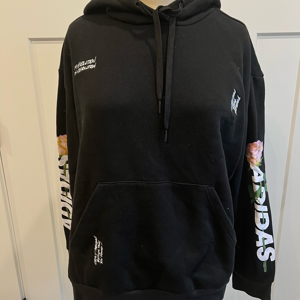 Adidas Black Hoodie with Flowers & White Text Motivational Quotes